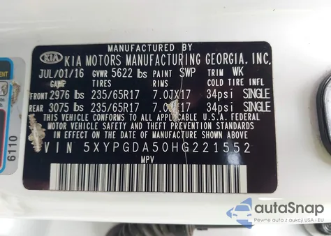 2017 Kia Sorento 3.3L Lx z USA, uszkodzony, nr VIN 5XYPGDA50HG221552